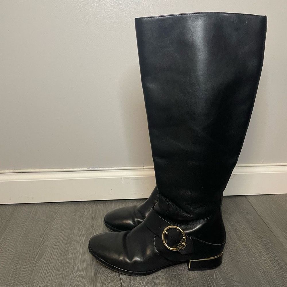 Tory Burch Sofia Black Leather Riding Boots Size 9M Tall Boots Fall Winter Gold